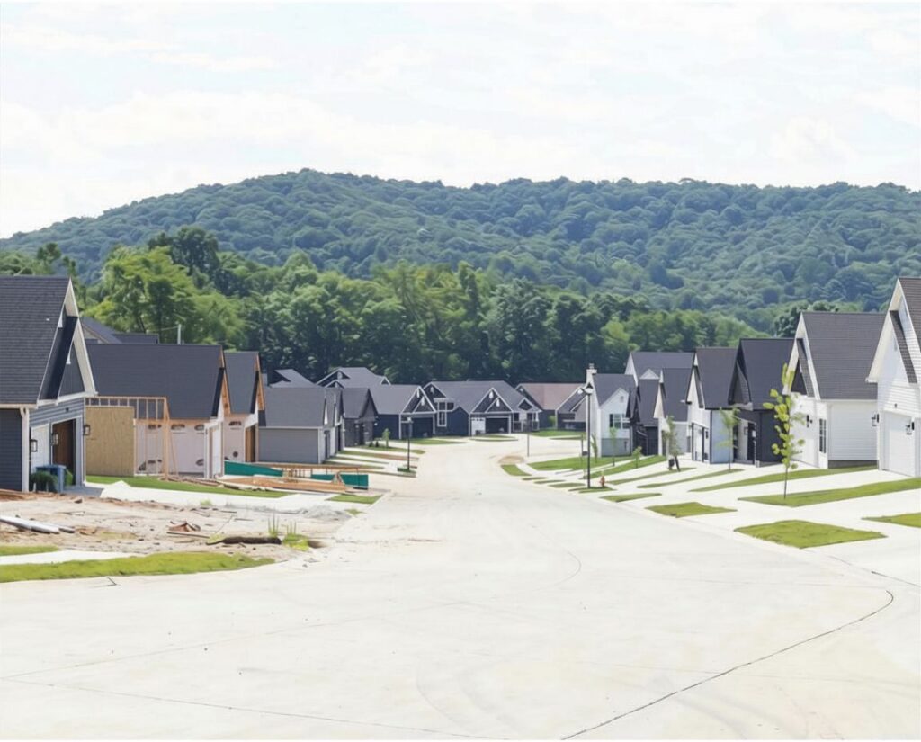 Newly constructed residential neighborhood with modern homes and wooded hills in the background.