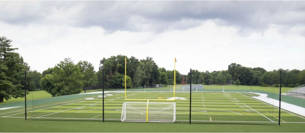 Multiuse artificial turf field marked for football and soccer, surrounded by a running track and trees.