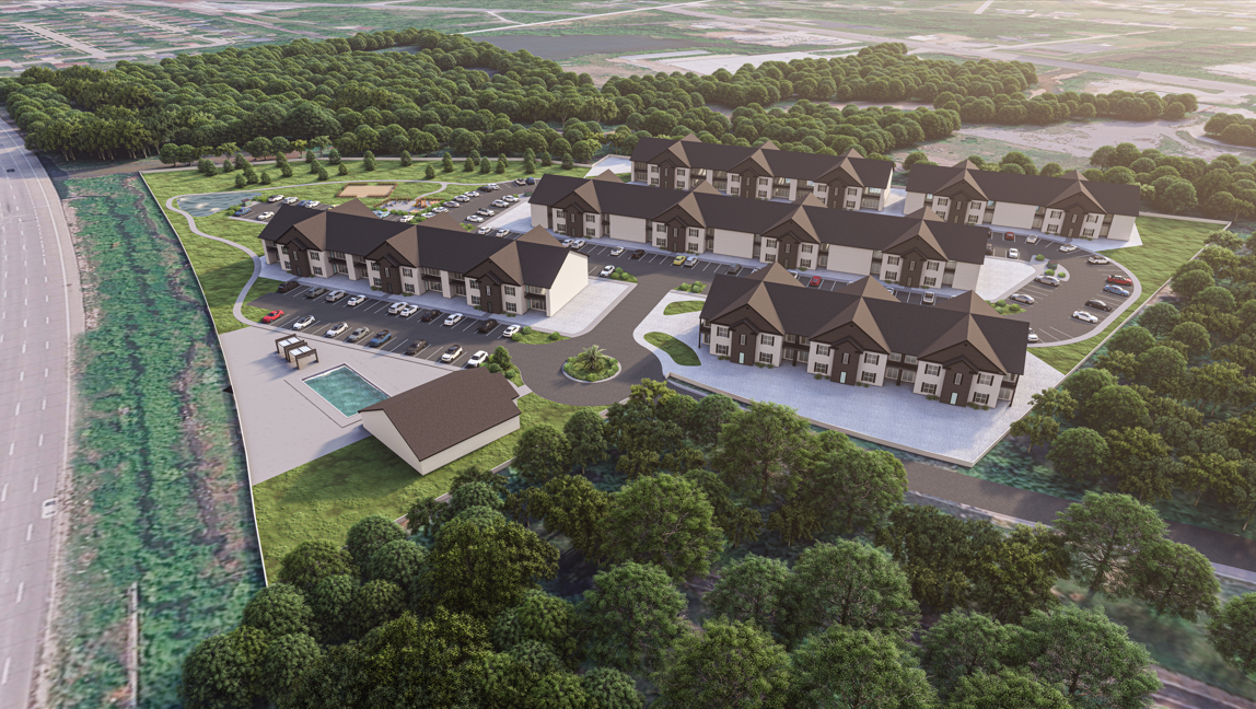 Aerial architectural rendering of an apartment community with multiple residential buildings, parking areas, and a swimming pool.