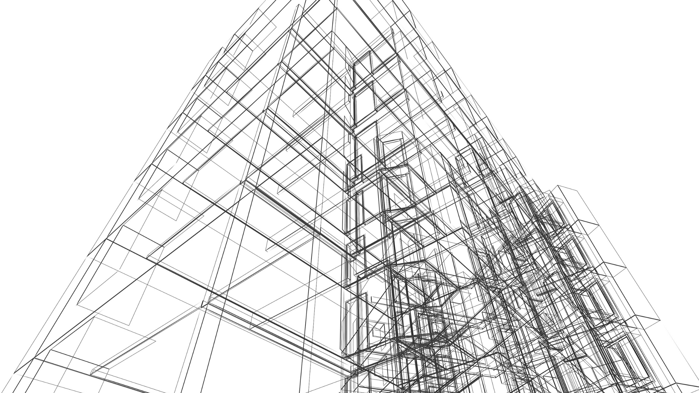 Three-dimensional wireframe rendering of a multi-story building viewed from below.