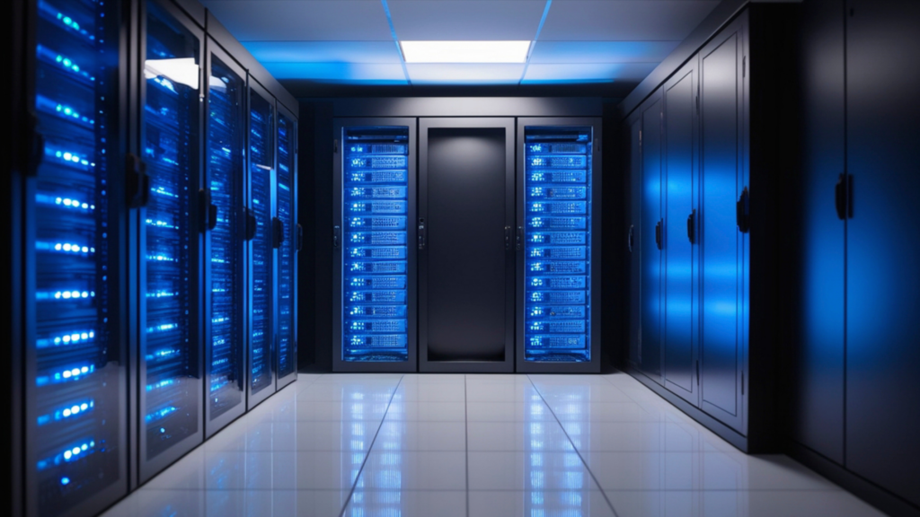 Modern data center with rows of server racks illuminated by blue lights.