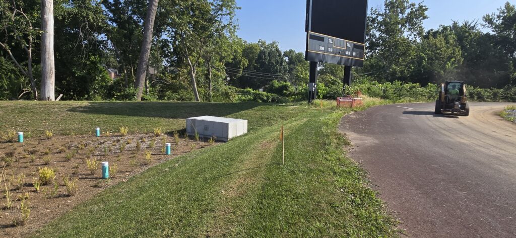 Newly planted stormwater rain garden beside a paved stadium access road, with a scoreboard and construction vehicle nearby.